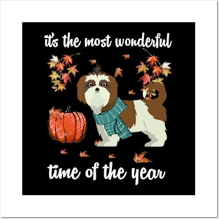 Shih Tzu Dog Autumn Fall Most Wonderful Time Maple Gift Posters and Art